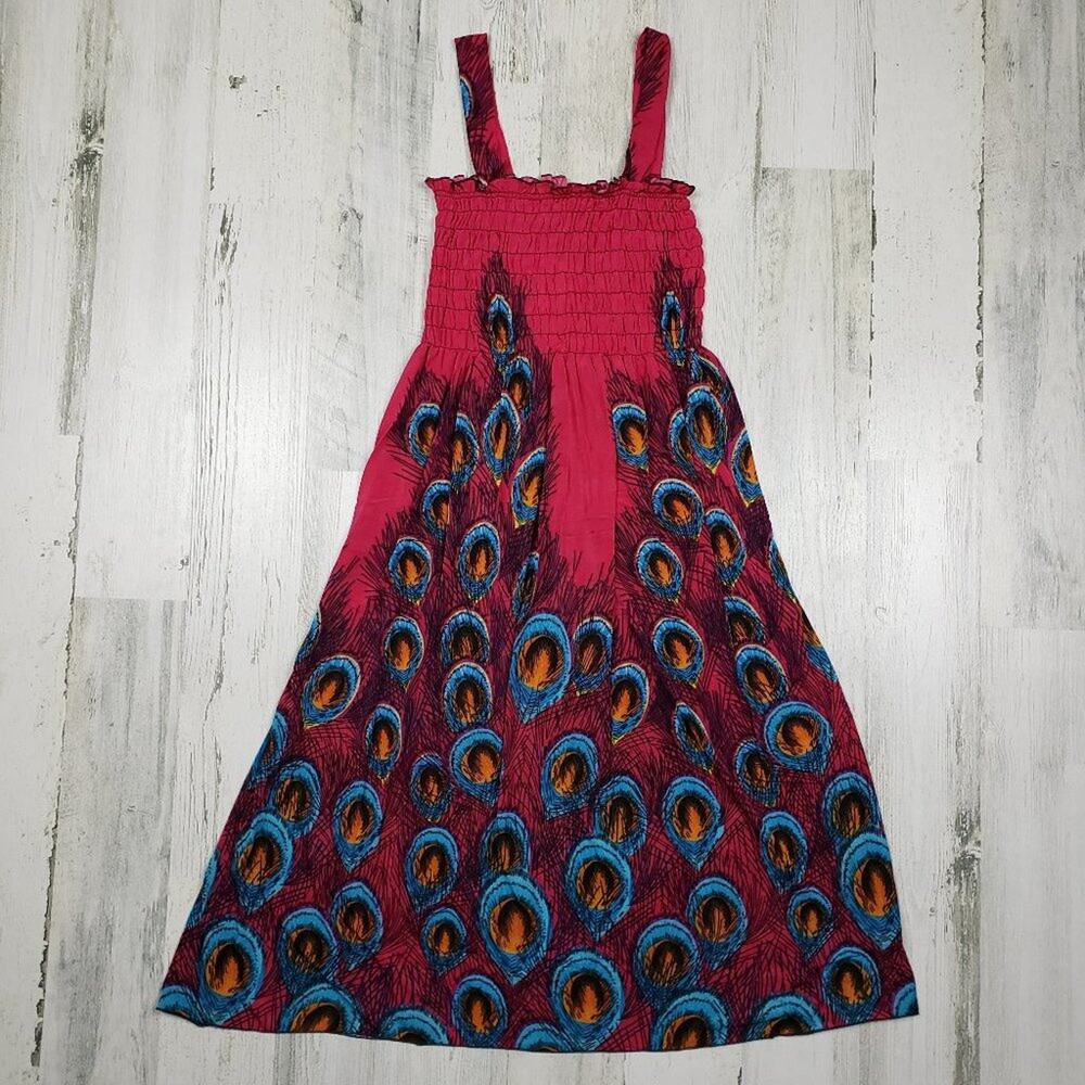NWT Golden Butterfly Red Peacock Print Smocked Sleeveless Sundress Size Large